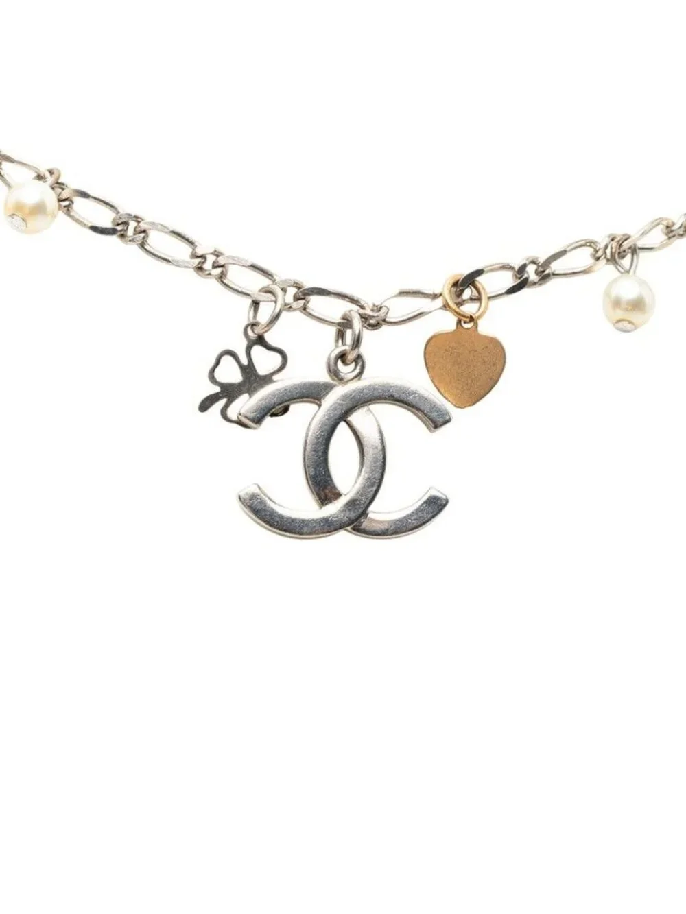 Chanel CC Logo Chain Pendant Silver Metal Faux Pearl
